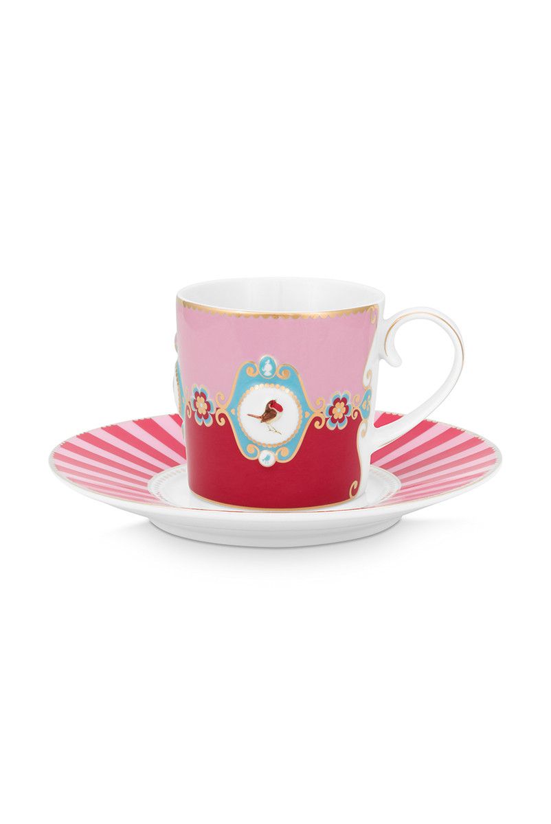 pip studio Love Birds Cappuccino Kop & Schotel Rood/Roze Groen