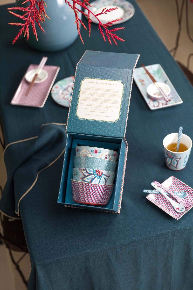 Pip Studio Oriental Flower Festival Set/4 Kommen Blauw 12cm Roze
