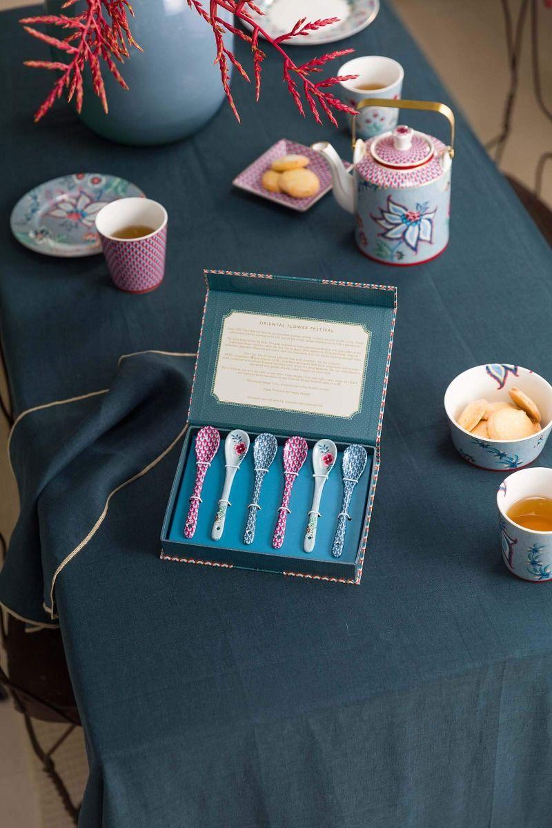 Pip Studio Oriental Flower Festival Set/6 Theelepels Blauw Roze