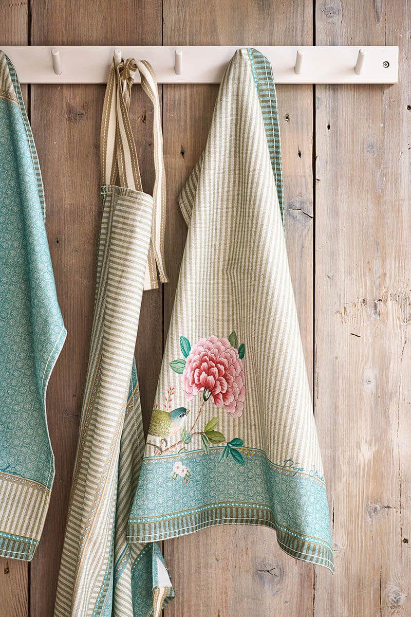 Pip Studio Blushing Birds Theedoek Khaki Blauw