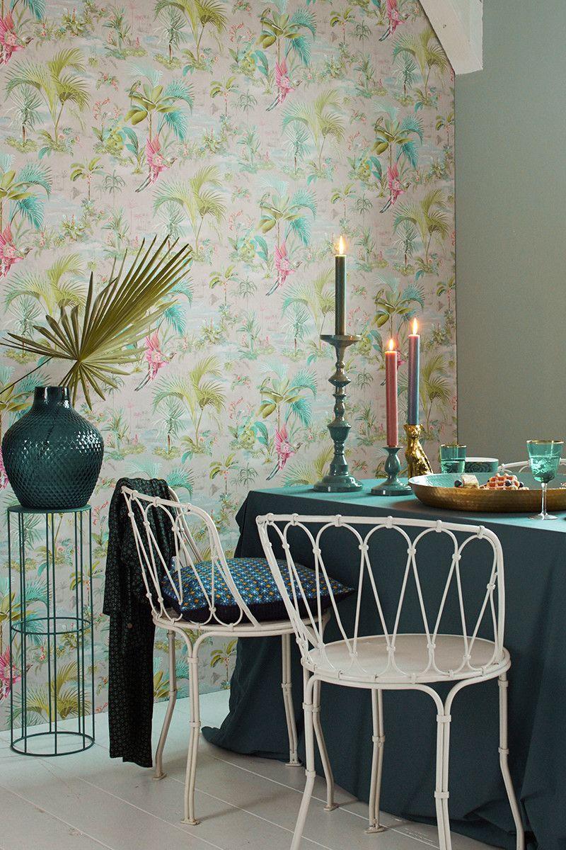 pip studio Pip Studio Palm Scene Vliesbehang Grijs Geel
