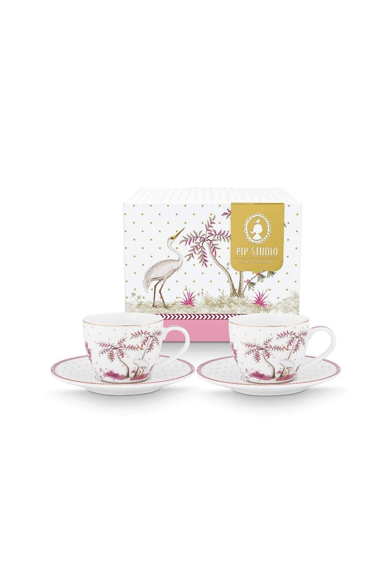 pip studio Set/2 Espresso Koppen & Schotels Jolie Stippen Goud Roze Wit