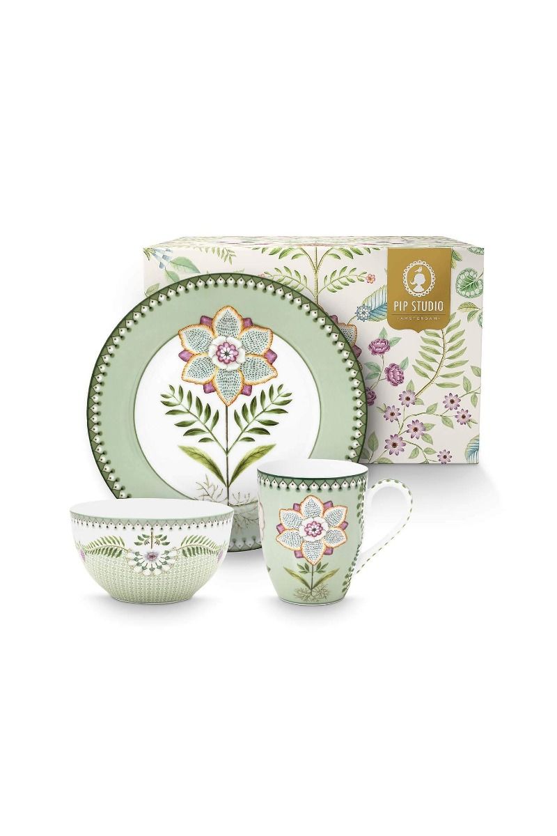 pip studio Set/3 Ontbijt Set Lily&Lotus Licht Groen Paars