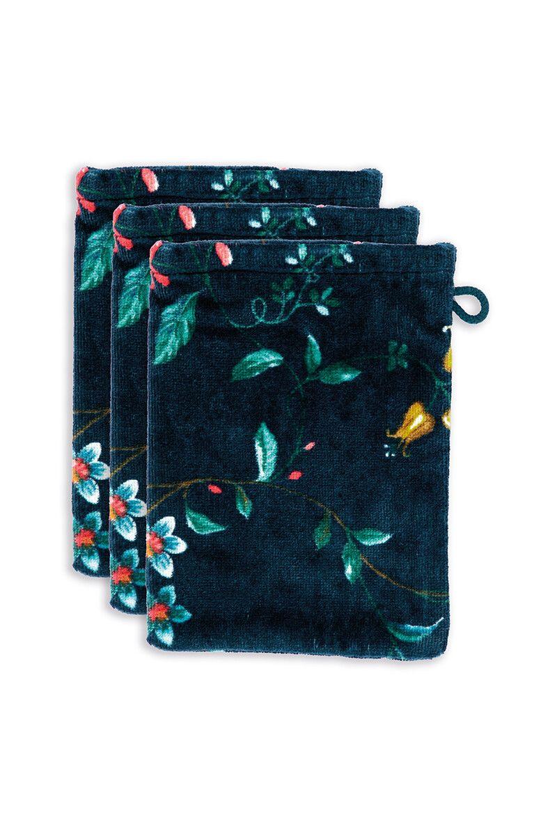 pip studio Washandje Set/3 Les Fleurs Donkerblauw 16x22 cm Blauw