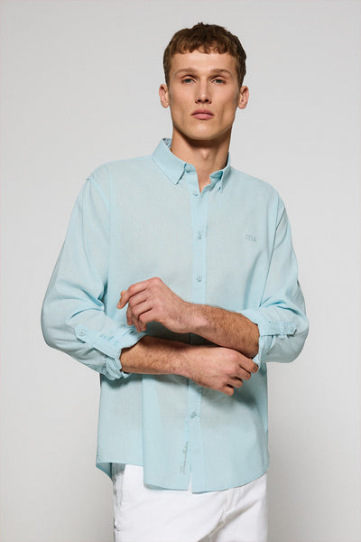 polo club Aquamarijn regular fit hemd van linnen en katoen met geborduurd logo