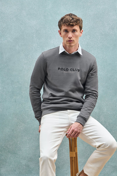 polo club Asfalt grijze sweater met ronde hals en rubberen print regular fit
