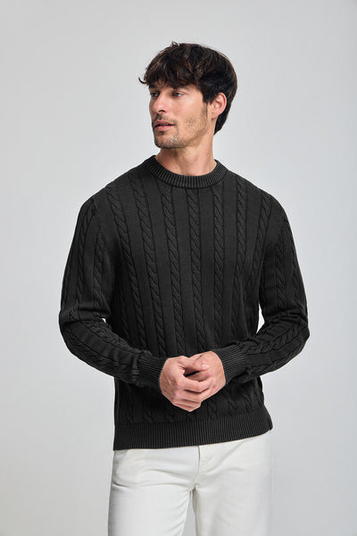 polo club Asfaltgrijze kabeltrui met garment dye en geborduurd logo