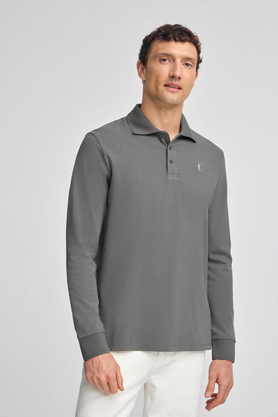 polo club Asfaltgrijze polo met lange mouwen drie knopen en geborduurd Rigby Go-logo