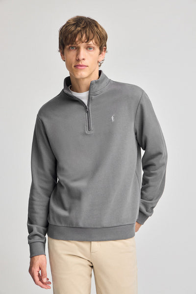 polo club Asfaltgrijze sweater met halve rits en geborduurd Rigby Go-logo