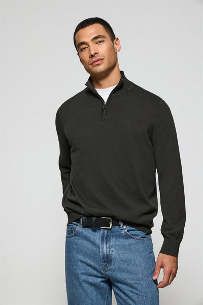 polo club Asfaltgrijze trui met korte ritssluiting garment dye en geborduurd logo