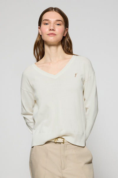 polo club Beige gebreide trui met V-hals en geborduurd Rigby Go-logo