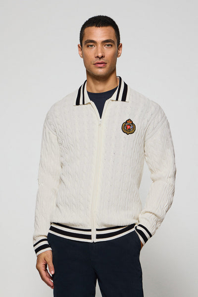 polo club Beige kabelcardigan met ritssluiting en nautisch logo