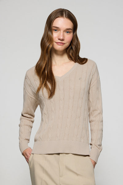 polo club Beige kabeltrui met V-hals en geborduurd monogram