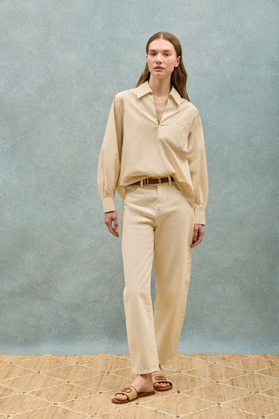 polo club Beige katoenen blouse Solar met geborduurd detail