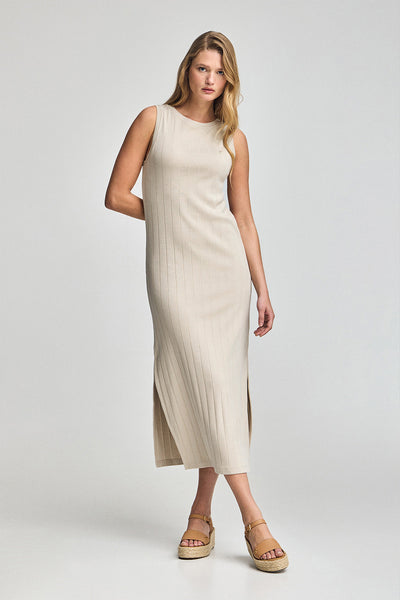 polo club Beige lange en geribde jurk met geborduurd monogram