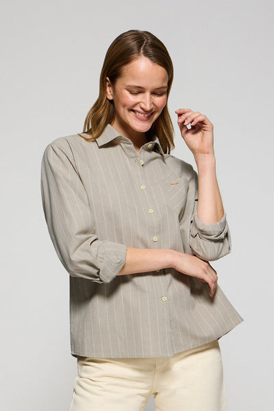 polo club Beige loose fit hemd “Scarlet” met strepen en een parelmoeren knoop