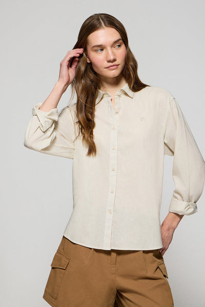 polo club Beige loose fit hemd van linnen en katoen met geborduurd monogram