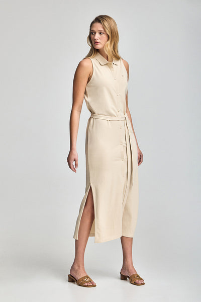 polo club Beige mouwloze jurk met knoopsluiting en geborduurd monogram