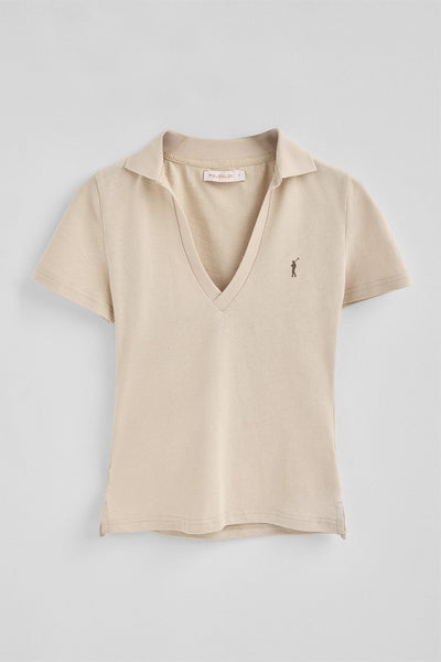 polo club Beige polo van katoen en linnen zonder knopen met geborduurd Rigby Go-logo