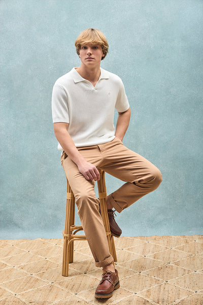 polo club Beige trui ‘Jay’ met geribde afwerking en geborduurd monogram