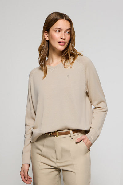 polo club Beige trui met V-hals van linnen en katoen met geborduurd monogram