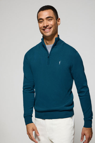 polo club Blauw-groene gebreide trui met ritssluiting en geborduurd Rigby Go-logo