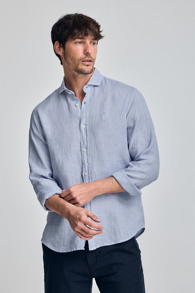 polo club Blauw linnen hemd met garment dye en geborduurd Rigby Best