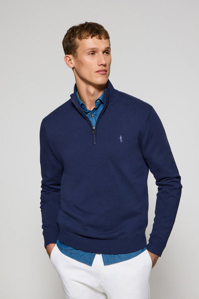 polo club Blauw-paarse gebreide trui met rits en geborduurd Rigby Best-logo