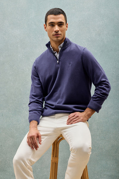 polo club Blauw-paarse trui met korte ritssluiting garment dye en geborduurd logo