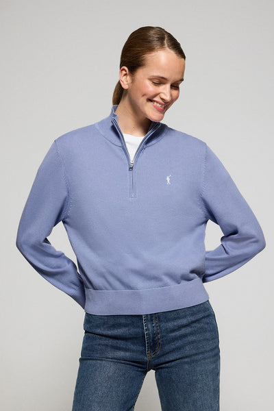 polo club Blauwe gebreide trui met korte ritssluiting en geborduurd Rigby Go-logo