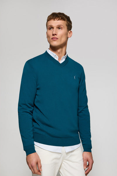 polo club Blauwgroene gebreide trui met V-hals en geborduurd Rigby Go-logo