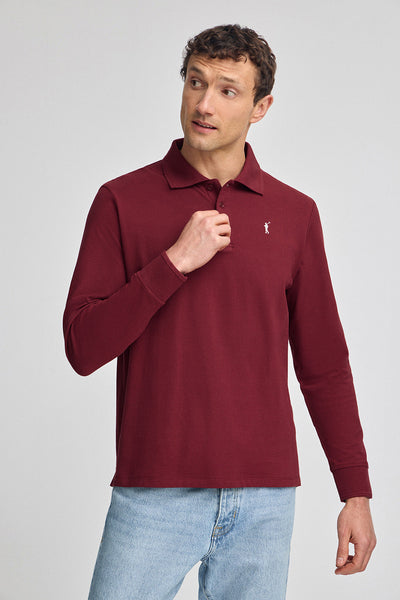 polo club Bordeauxrode polo met lange mouwen drie knopen en geborduurd Rigby Go-logo