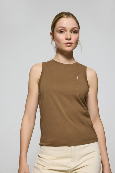 polo club Bruine basic top met ronde hals en geborduurd Rigby Go-logo