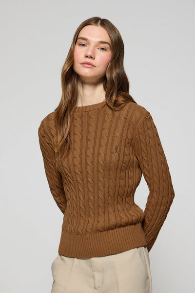 polo club Camelkleurige kabeltrui met ronde hals en geborduurd Rigby Go-logo