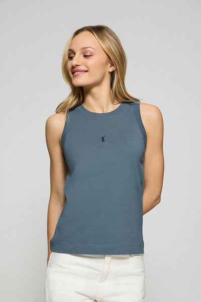 polo club Denim blauwe basic top met ronde hals en geborduurd Rigby Go-logo