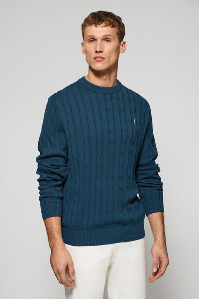 polo club Denim blauwe kabeltrui met ronde hals en geborduurd Rigby Go-logo