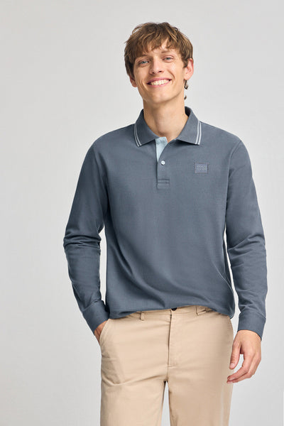 polo club Denim-blauwe polo met lange mouwen twee knopen en logopatch