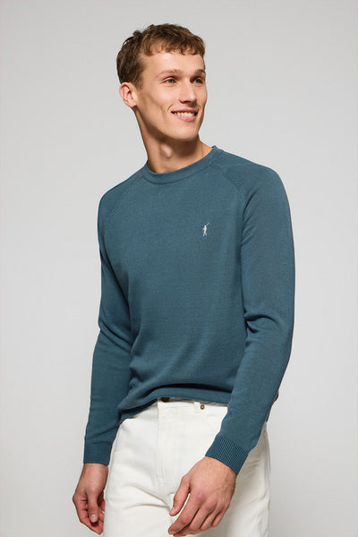 polo club Denim blauwe trui van linnen en katoen met ronde hals en geborduurd Rigby Go-logo