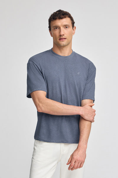 polo club Denimblauw T-shirt van linnen en katoen met ronde hals en geborduurd monogram