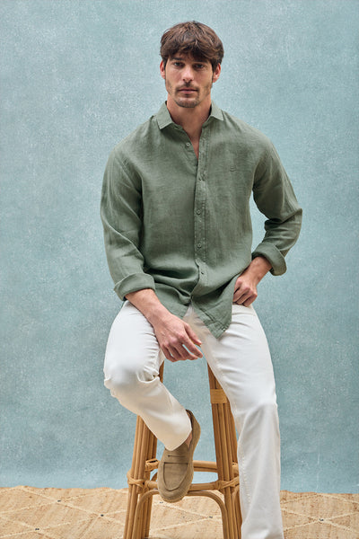 polo club Donkergroen linnen hemd met garment dye en geborduurd monogram