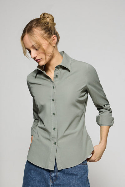 polo club Donkergroen poplin-hemd met garment-dye en geborduurd logo