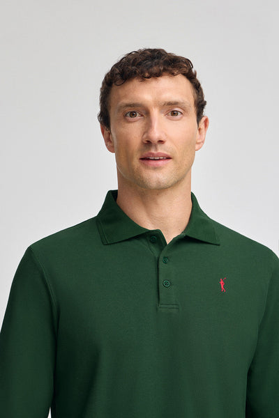 polo club Donkergroene polo met lange mouwen drie knopen en geborduurd Rigby Go-logo