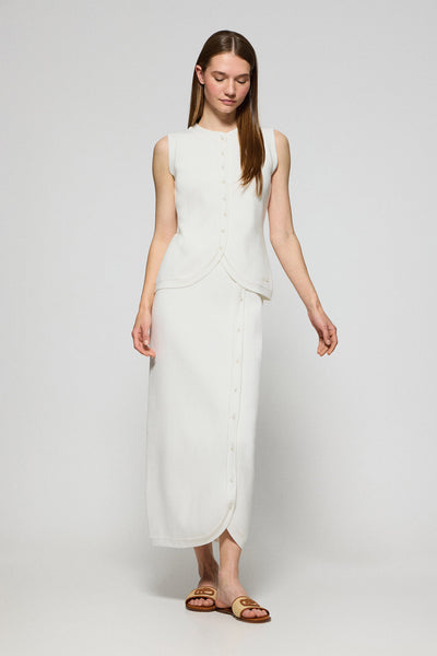 polo club Gebreide gebroken witte rok Manoban met knoopsluiting en parelmoeren detail