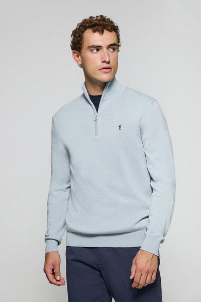 polo club Gebreide lichtblauwe trui met rits en geborduurd Rigby Go-logo