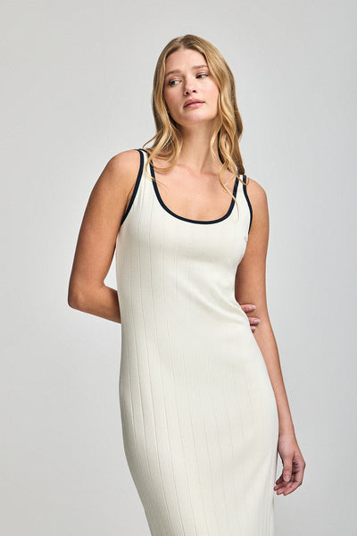 polo club Gebroken witte geribde jurk met spaghettibandjes en parelmoeren knoop