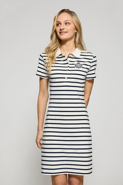 polo club Gebroken witte gestreepte jurk met polokraag en nautische patch
