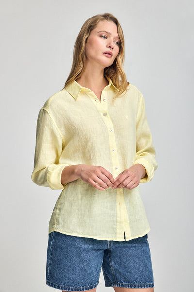 polo club Geel linnen hemd met garment dye en geborduurd monogram