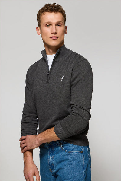 polo club Gemêleerd donkergrijze gebreide trui met ritssluiting en geborduurd Rigby Go-logo