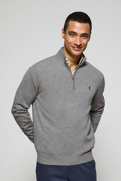 polo club Gemêleerd grijze gebreide trui met ritssluiting en geborduurd Rigby Go-logo