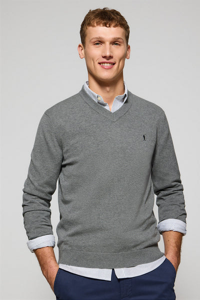 polo club Gemêleerd grijze gebreide trui met V-hals en geborduurd Rigby Go-logo